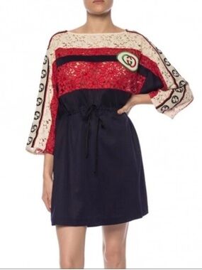 Stunning GUCCI Navy, Red & White Logo Panel Drawstring Dress NEW Medium